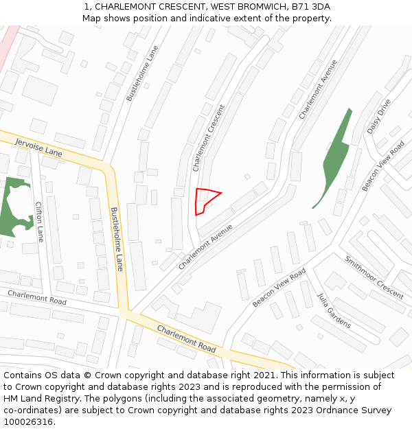 1, CHARLEMONT CRESCENT, WEST BROMWICH, B71 3DA: Location map and indicative extent of plot