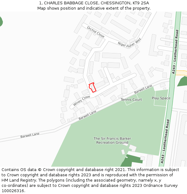 1, CHARLES BABBAGE CLOSE, CHESSINGTON, KT9 2SA: Location map and indicative extent of plot