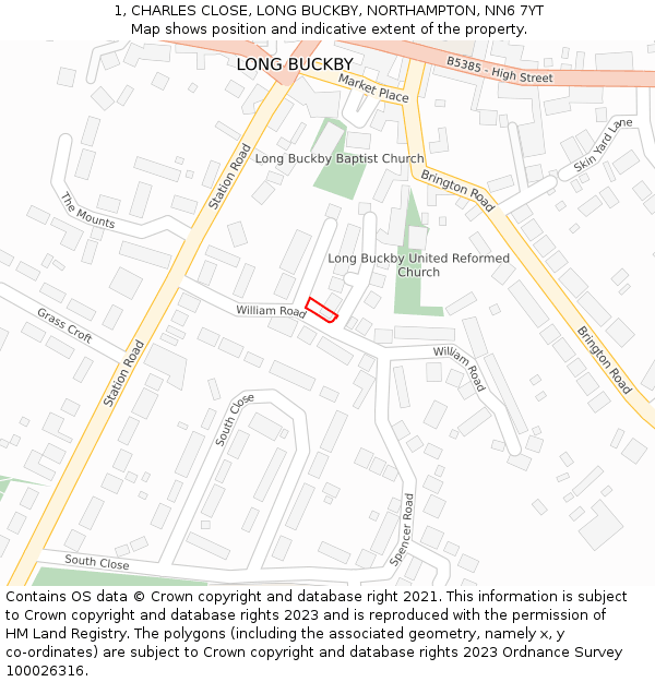 1, CHARLES CLOSE, LONG BUCKBY, NORTHAMPTON, NN6 7YT: Location map and indicative extent of plot