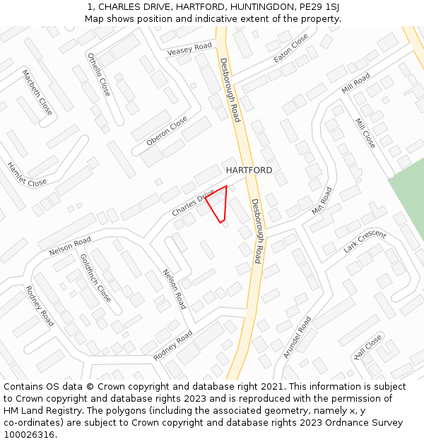 1, CHARLES DRIVE, HARTFORD, HUNTINGDON, PE29 1SJ: Location map and indicative extent of plot