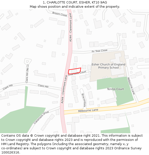 1, CHARLOTTE COURT, ESHER, KT10 9AG: Location map and indicative extent of plot