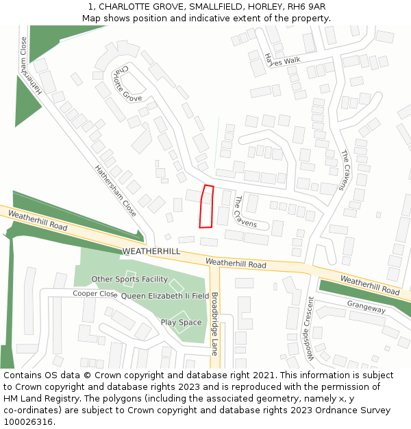 1, CHARLOTTE GROVE, SMALLFIELD, HORLEY, RH6 9AR: Location map and indicative extent of plot
