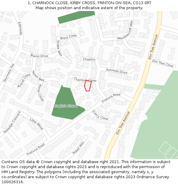 1, CHARNOCK CLOSE, KIRBY CROSS, FRINTON-ON-SEA, CO13 0RT: Location map and indicative extent of plot