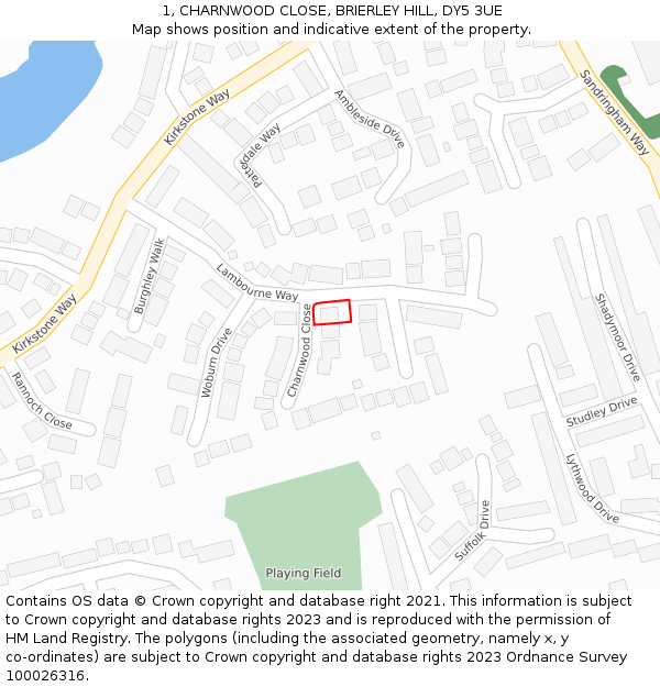 1, CHARNWOOD CLOSE, BRIERLEY HILL, DY5 3UE: Location map and indicative extent of plot