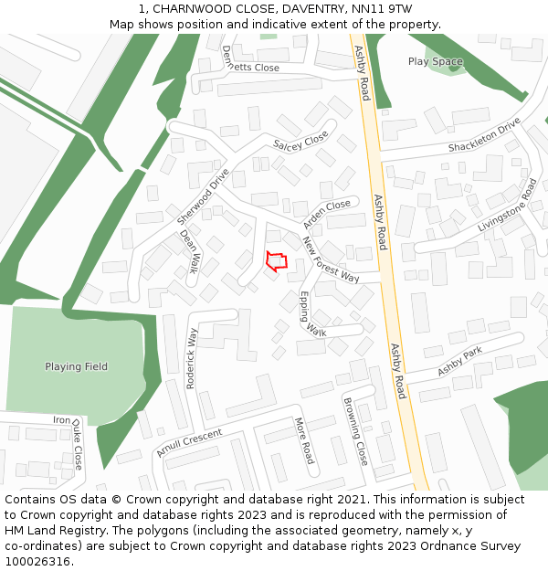 1, CHARNWOOD CLOSE, DAVENTRY, NN11 9TW: Location map and indicative extent of plot