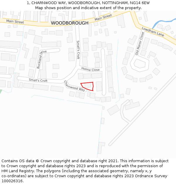 1, CHARNWOOD WAY, WOODBOROUGH, NOTTINGHAM, NG14 6EW: Location map and indicative extent of plot