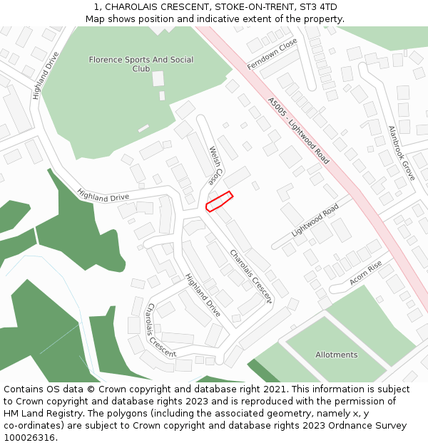 1, CHAROLAIS CRESCENT, STOKE-ON-TRENT, ST3 4TD: Location map and indicative extent of plot