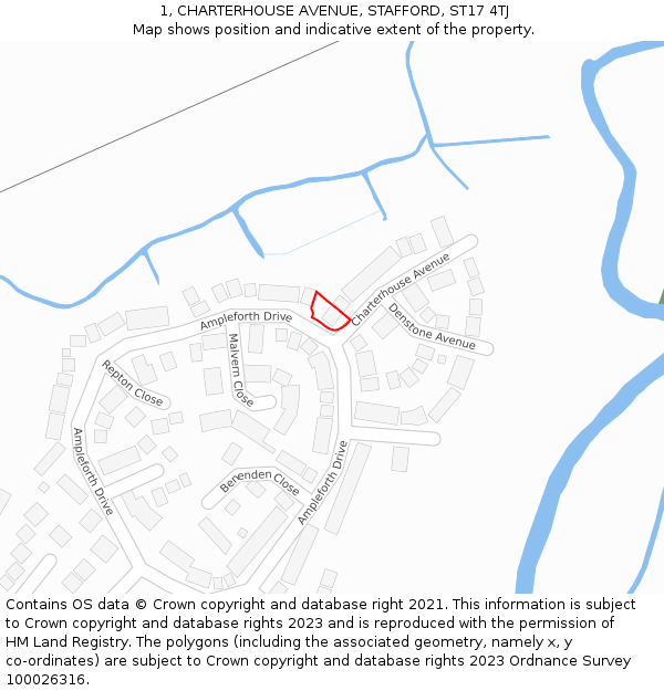 1, CHARTERHOUSE AVENUE, STAFFORD, ST17 4TJ: Location map and indicative extent of plot