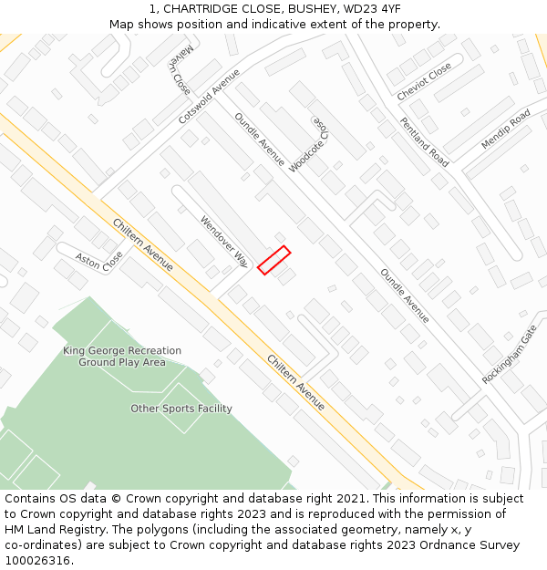 1, CHARTRIDGE CLOSE, BUSHEY, WD23 4YF: Location map and indicative extent of plot