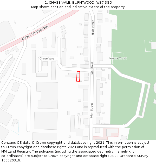 1, CHASE VALE, BURNTWOOD, WS7 3GD: Location map and indicative extent of plot