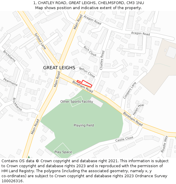 1, CHATLEY ROAD, GREAT LEIGHS, CHELMSFORD, CM3 1NU: Location map and indicative extent of plot