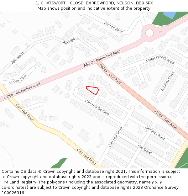 1, CHATSWORTH CLOSE, BARROWFORD, NELSON, BB9 6PX: Location map and indicative extent of plot