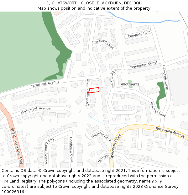 1, CHATSWORTH CLOSE, BLACKBURN, BB1 8QH: Location map and indicative extent of plot