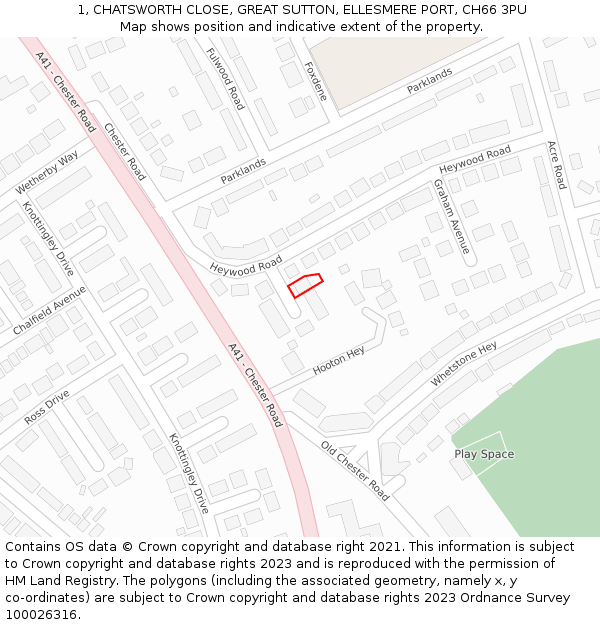 1, CHATSWORTH CLOSE, GREAT SUTTON, ELLESMERE PORT, CH66 3PU: Location map and indicative extent of plot