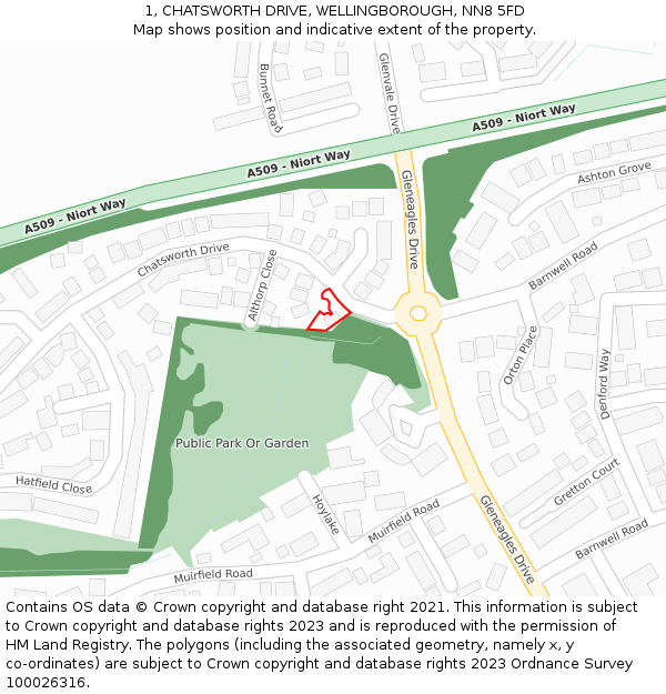 1, CHATSWORTH DRIVE, WELLINGBOROUGH, NN8 5FD: Location map and indicative extent of plot