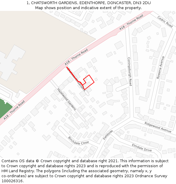 1, CHATSWORTH GARDENS, EDENTHORPE, DONCASTER, DN3 2DU: Location map and indicative extent of plot