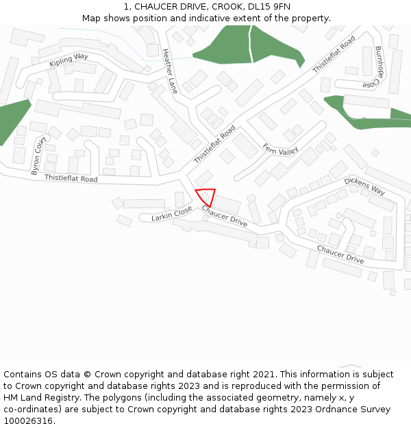 1, CHAUCER DRIVE, CROOK, DL15 9FN: Location map and indicative extent of plot