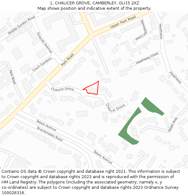 1, CHAUCER GROVE, CAMBERLEY, GU15 2XZ: Location map and indicative extent of plot