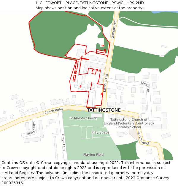1, CHEDWORTH PLACE, TATTINGSTONE, IPSWICH, IP9 2ND: Location map and indicative extent of plot