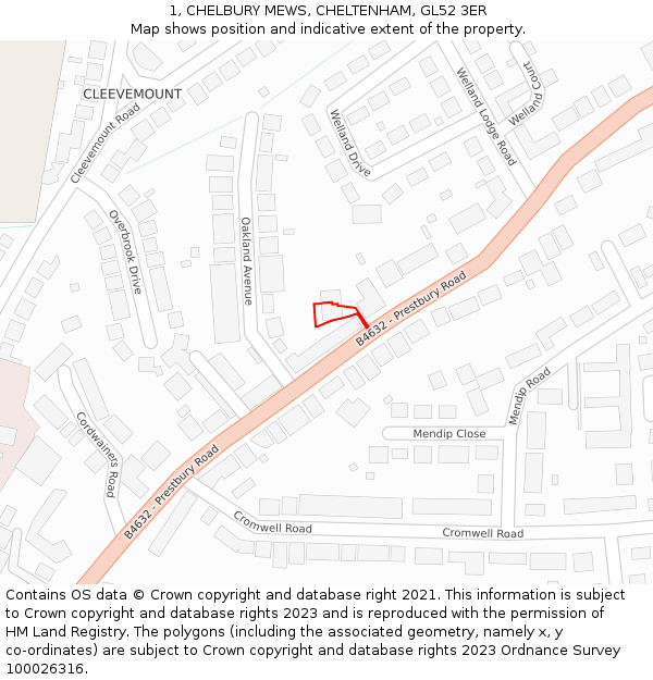 1, CHELBURY MEWS, CHELTENHAM, GL52 3ER: Location map and indicative extent of plot