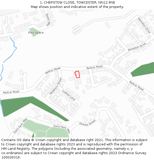 1, CHEPSTOW CLOSE, TOWCESTER, NN12 6NE: Location map and indicative extent of plot