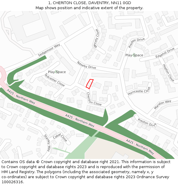 1, CHERITON CLOSE, DAVENTRY, NN11 0GD: Location map and indicative extent of plot