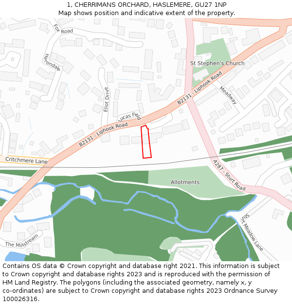 1, CHERRIMANS ORCHARD, HASLEMERE, GU27 1NP: Location map and indicative extent of plot