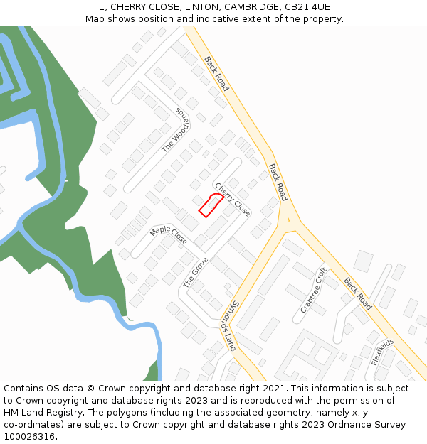 1, CHERRY CLOSE, LINTON, CAMBRIDGE, CB21 4UE: Location map and indicative extent of plot