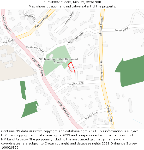 1, CHERRY CLOSE, TADLEY, RG26 3BP: Location map and indicative extent of plot