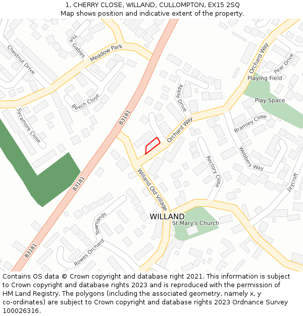 1, CHERRY CLOSE, WILLAND, CULLOMPTON, EX15 2SQ: Location map and indicative extent of plot