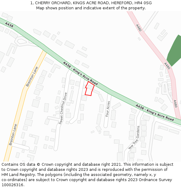 1, CHERRY ORCHARD, KINGS ACRE ROAD, HEREFORD, HR4 0SG: Location map and indicative extent of plot