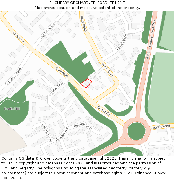 1, CHERRY ORCHARD, TELFORD, TF4 2NT: Location map and indicative extent of plot