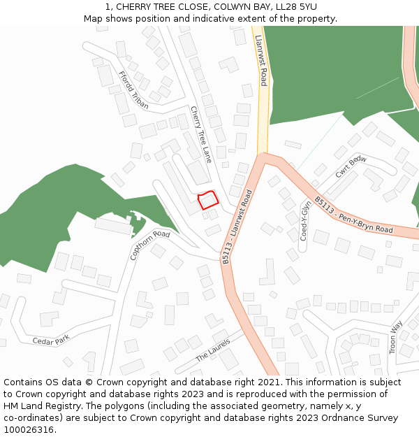 1, CHERRY TREE CLOSE, COLWYN BAY, LL28 5YU: Location map and indicative extent of plot