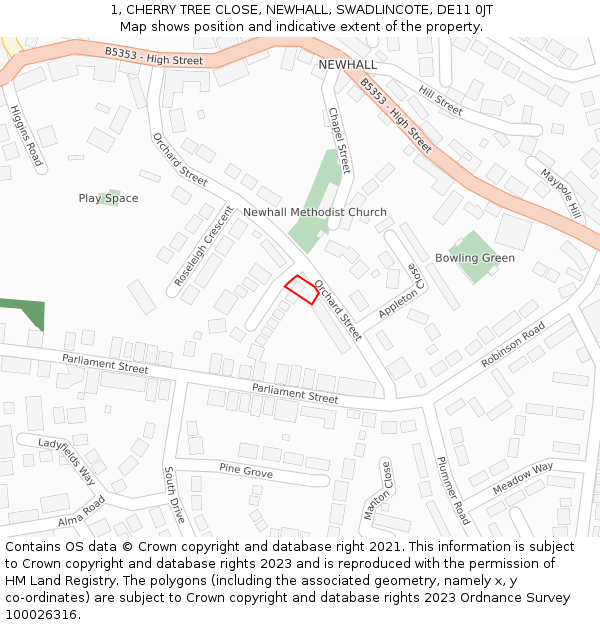 1, CHERRY TREE CLOSE, NEWHALL, SWADLINCOTE, DE11 0JT: Location map and indicative extent of plot