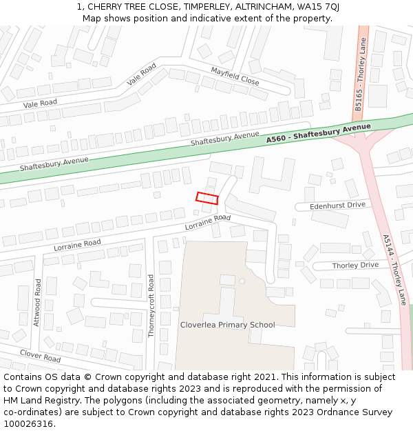 1, CHERRY TREE CLOSE, TIMPERLEY, ALTRINCHAM, WA15 7QJ: Location map and indicative extent of plot