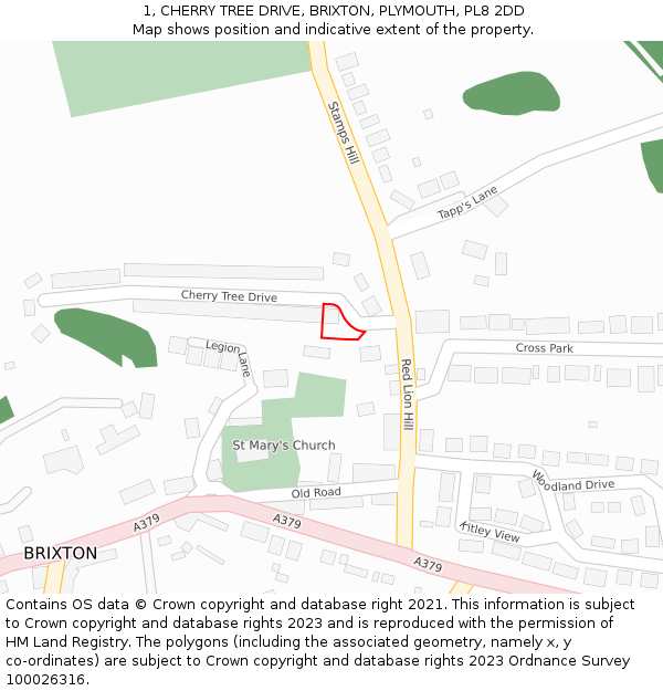 1, CHERRY TREE DRIVE, BRIXTON, PLYMOUTH, PL8 2DD: Location map and indicative extent of plot