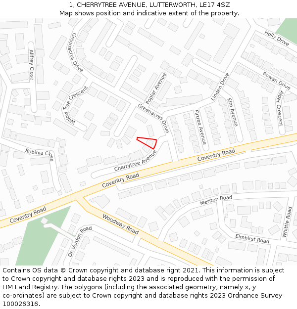 1, CHERRYTREE AVENUE, LUTTERWORTH, LE17 4SZ: Location map and indicative extent of plot