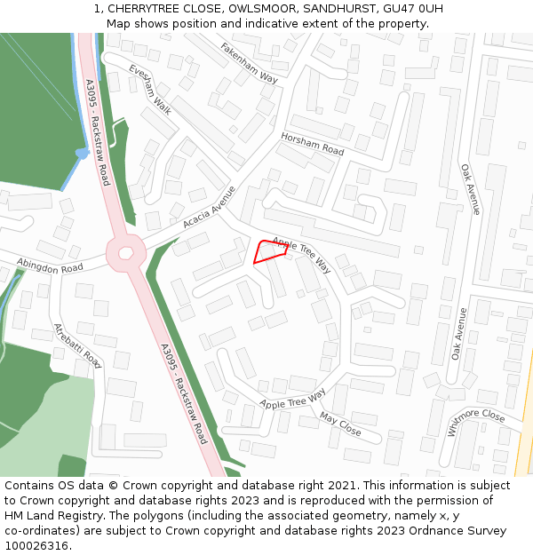 1, CHERRYTREE CLOSE, OWLSMOOR, SANDHURST, GU47 0UH: Location map and indicative extent of plot