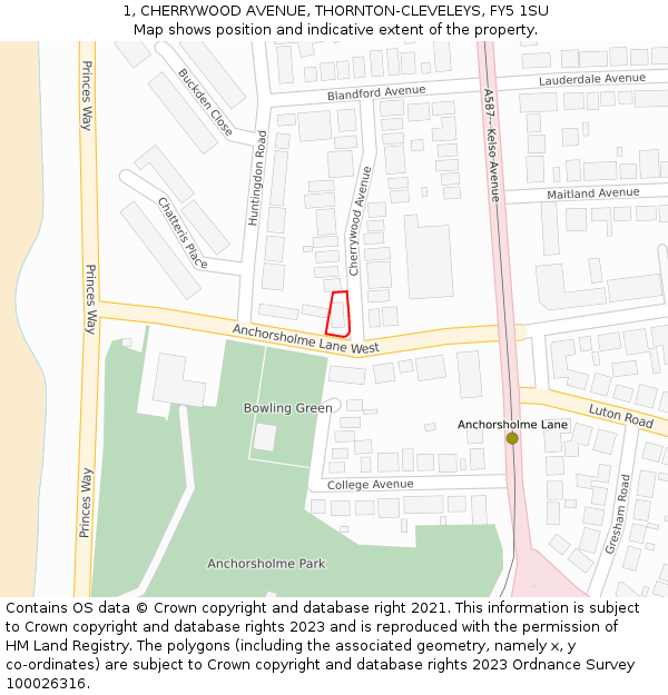 1, CHERRYWOOD AVENUE, THORNTON-CLEVELEYS, FY5 1SU: Location map and indicative extent of plot