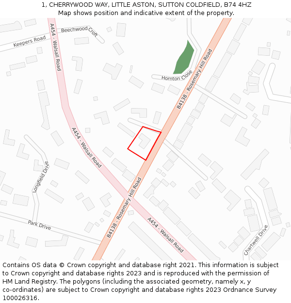 1, CHERRYWOOD WAY, LITTLE ASTON, SUTTON COLDFIELD, B74 4HZ: Location map and indicative extent of plot