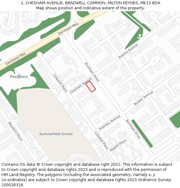 1, CHESHAM AVENUE, BRADWELL COMMON, MILTON KEYNES, MK13 8DA: Location map and indicative extent of plot