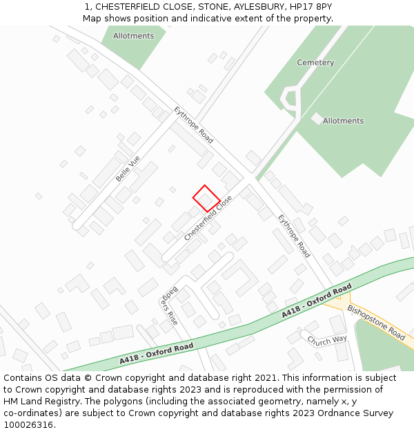 1, CHESTERFIELD CLOSE, STONE, AYLESBURY, HP17 8PY: Location map and indicative extent of plot