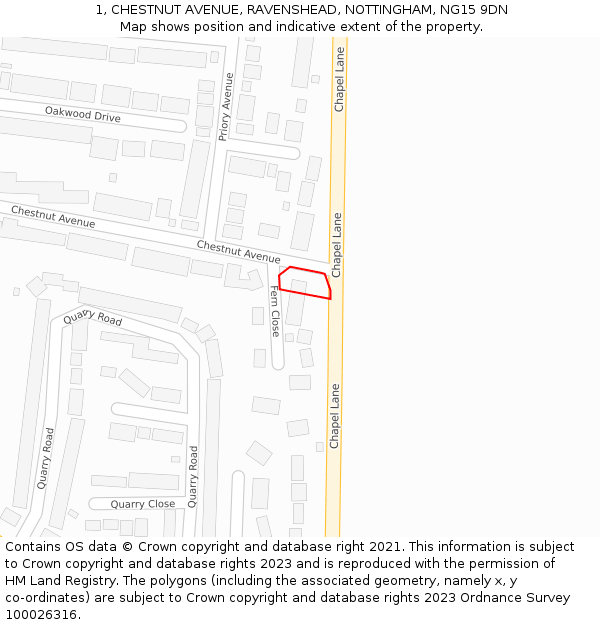 1, CHESTNUT AVENUE, RAVENSHEAD, NOTTINGHAM, NG15 9DN: Location map and indicative extent of plot