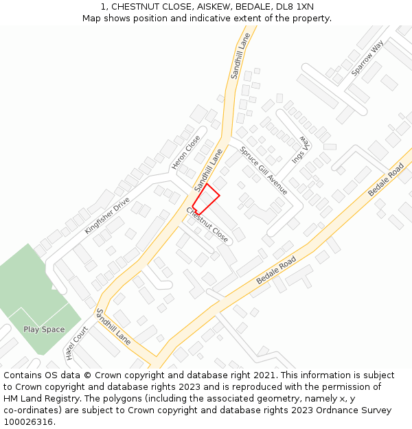 1, CHESTNUT CLOSE, AISKEW, BEDALE, DL8 1XN: Location map and indicative extent of plot