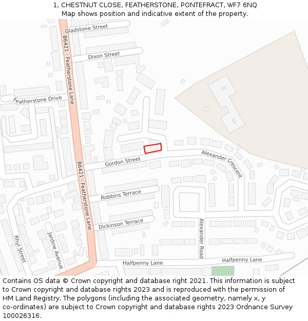 1, CHESTNUT CLOSE, FEATHERSTONE, PONTEFRACT, WF7 6NQ: Location map and indicative extent of plot