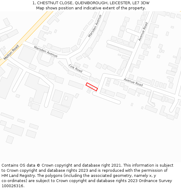 1, CHESTNUT CLOSE, QUENIBOROUGH, LEICESTER, LE7 3DW: Location map and indicative extent of plot