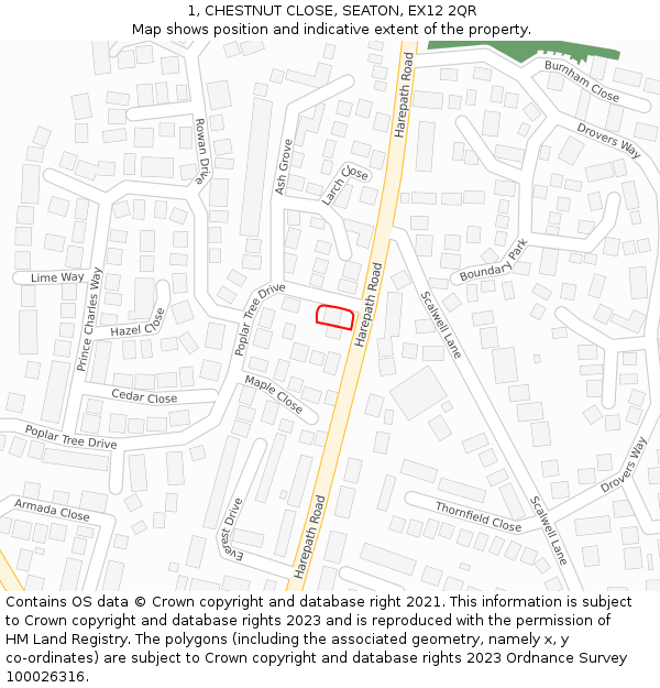 1, CHESTNUT CLOSE, SEATON, EX12 2QR: Location map and indicative extent of plot