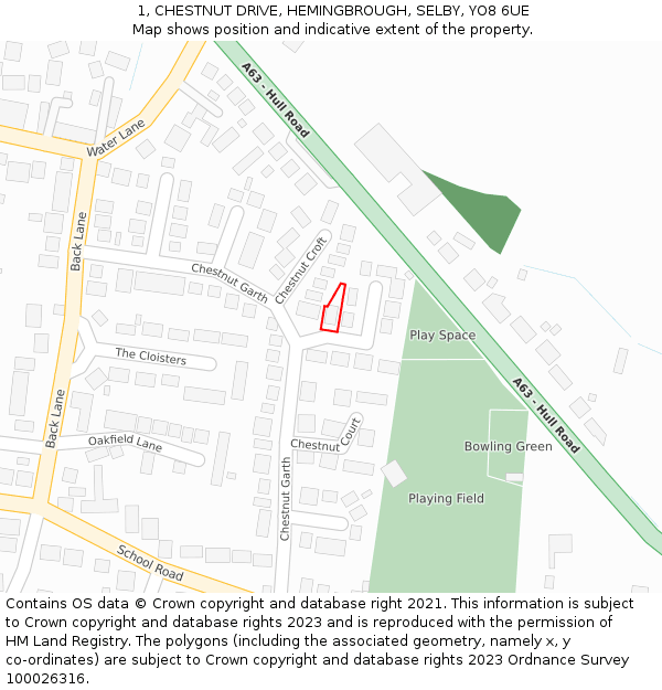 1, CHESTNUT DRIVE, HEMINGBROUGH, SELBY, YO8 6UE: Location map and indicative extent of plot