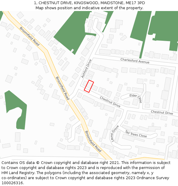 1, CHESTNUT DRIVE, KINGSWOOD, MAIDSTONE, ME17 3PD: Location map and indicative extent of plot