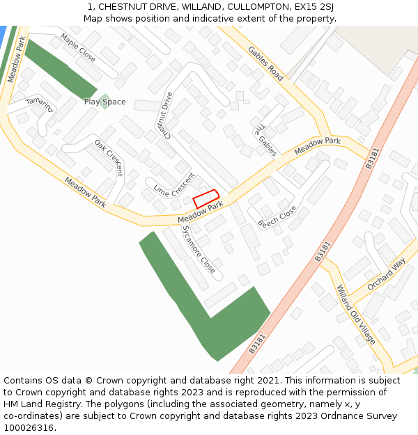 1, CHESTNUT DRIVE, WILLAND, CULLOMPTON, EX15 2SJ: Location map and indicative extent of plot